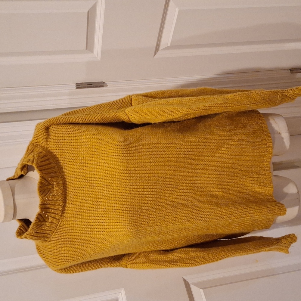 Mustard Seed Gold Sweater High Collar Crochet Knit Large‎ Pleated Shoulder Puffy